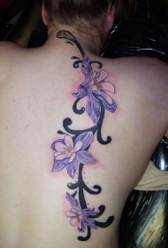 背部蓝色的兰花和黑色藤蔓纹身图案