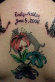 背部手印和猫花卉彩色纹身图案