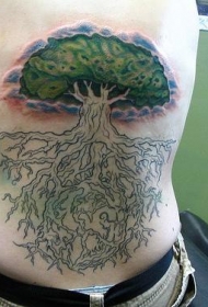背部绿叶和大树根个性纹身图案