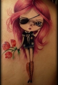 背部有趣的卡通海盗女孩彩绘纹身图案