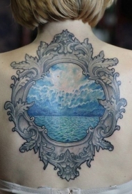 背部old school漂亮的蓝色海洋纹身图案