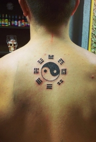 背部黑色的传统阴阳八卦符号纹身图案