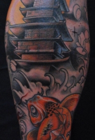 小腿漫画风格彩色的寺庙与鲤鱼纹身图案
