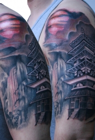 手臂亚洲风格惊人的寺庙纹身图案