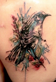背部水彩画风格鸟纹身图案