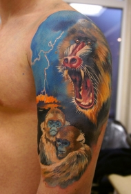 大臂哭泣的狒狒与小猴子纹身图案