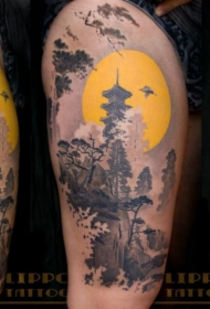 大臂油画般的亚洲山脉树林寺庙纹身图案