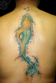 背部精美好看的彩色美人鱼纹身图案