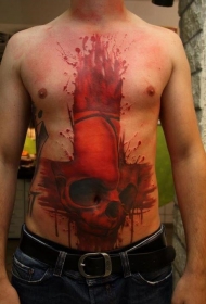腹部怪异的红色骷髅纹身图案
