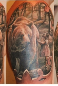 手臂3D花纹轮廓和小女孩熊纹身图案