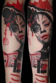 小腿不寻常的五彩亚洲女人肖像纹身图案