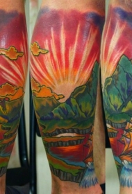 小腿好看的彩色美丽乡村景色纹身图案