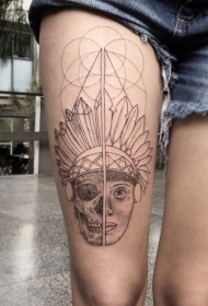 大腿点刺风格黑色印度人像几何装饰纹身图案