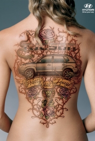 背部很酷的彩绘汽车图腾花朵纹身图案