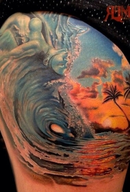 大腿写实的彩色海浪与美人鱼纹身图案