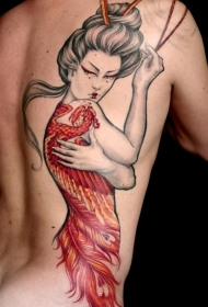 背部很酷的创意凤凰结合艺妓纹身图案