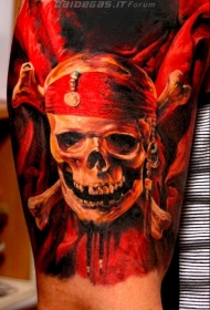 手臂非常逼真的彩色海盗骷髅标志纹身图案
