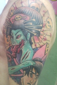 大臂亚洲的僵尸艺妓彩色纹身图案