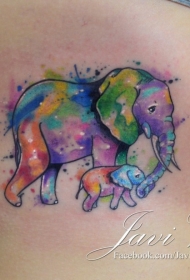 侧肋彩色泼墨的大象母亲和宝宝小象纹身图案