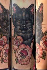 小腿简单逼真的彩色玫瑰黑猫纹身图案