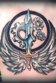 背部翅膀和彩色的宝剑纹身图案