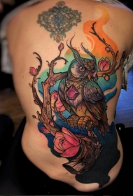 背部new school彩色的树和花朵幻想猫头鹰纹身图案