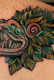 背部阿兹特克蛇神头像彩绘纹身图案
