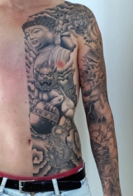男性腹部和手臂亚洲传统黑灰佛像唐狮纹身图案