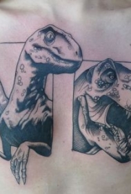 胸部黑灰风格大恐龙纹身图案
