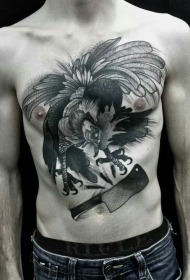 胸部雕刻风格黑色邪恶的公鸡与刀纹身图案