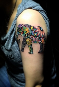 大臂可爱的彩色花朵组合大象纹身图案