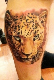 小腿彩色的猎豹头部纹身图案