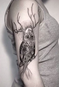 大臂美丽的黑灰猫头鹰与鹿角纹身图案