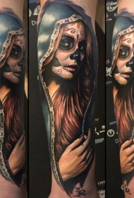 小臂墨西哥土著彩色女人肖像纹身图案