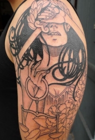 大臂黑色素描风格正义妇女与天秤座和剑纹身图案
