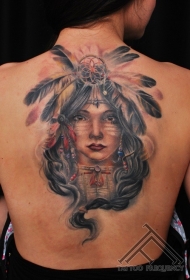 背部插画风格彩色印度女人肖像纹身图案
