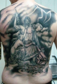 背部惊人的黑白闪电神像纹身图案
