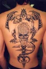 背部恶魔与骷髅黑色纹身图案
