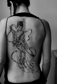 背部黑色神秘的中国风仙女纹身图案