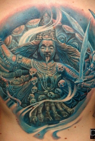 背部插图风格彩色的印度神与骷髅纹身图案