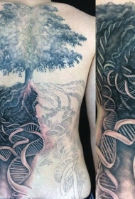 背部令人难以置信的黑白大孤独与DNA纹身图案