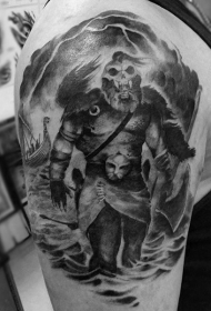 大臂黑灰神秘幻想战士纹身图案