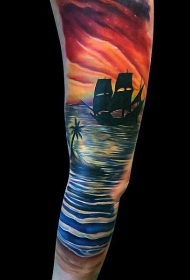华丽好看的彩色日落与船和棕榈树纹身图案