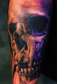 手臂恐怖风格的彩色骷髅纹身图案