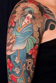 大臂亚洲风格的彩色舞蹈艺妓个性纹身图案