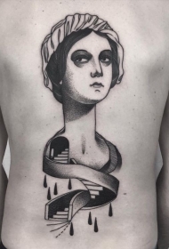 背部超现实主义风格黑色点刺女人楼梯纹身图案