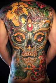 背部彩色神奇的骷髅与蛇菊花纹身图案