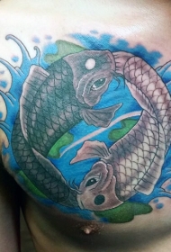 胸部圆形的东方鲤鱼组合阴阳八卦纹身图案