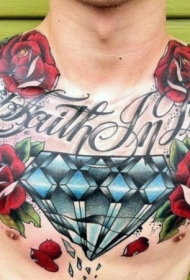 胸部炫彩的玫瑰和破碎的钻石字母纹身图案