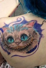 背部有趣的童话微笑柴郡猫彩色纹身图案